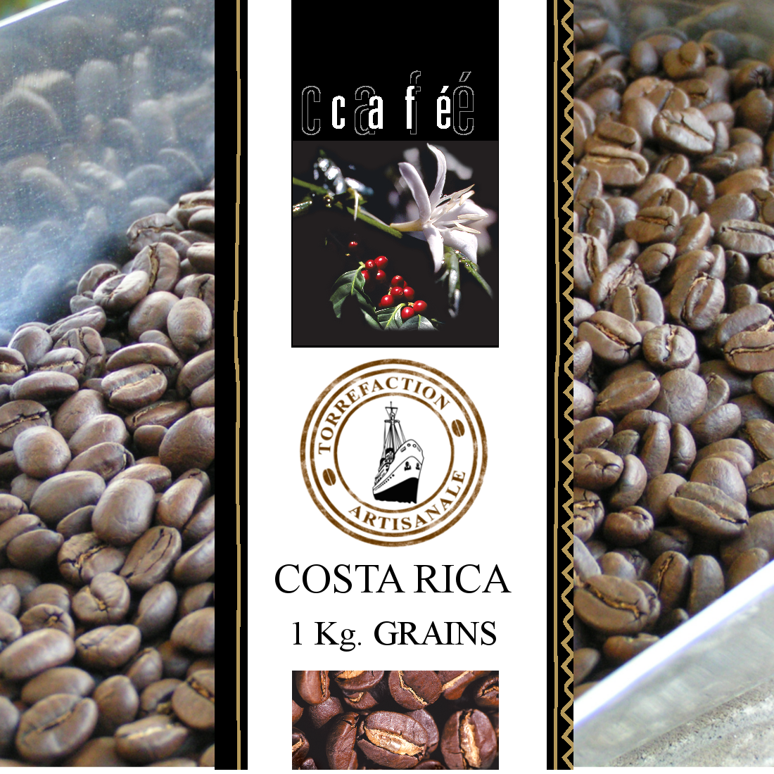 CAFÉ en GRAINS origine COSTA RICA 100% ARABICA . Le sachet de 1 kilo 
